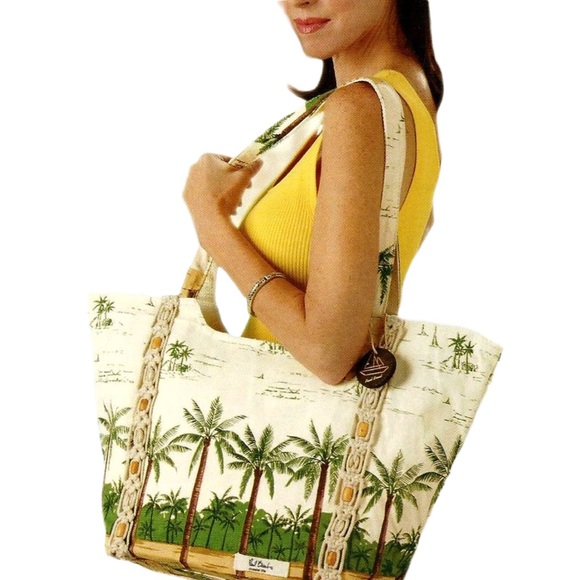 NWT Paul Brent Portofino Chic Beaded Palm Tree Canvas & Sun Tropical  Tote Bag - Picture 1 of 15